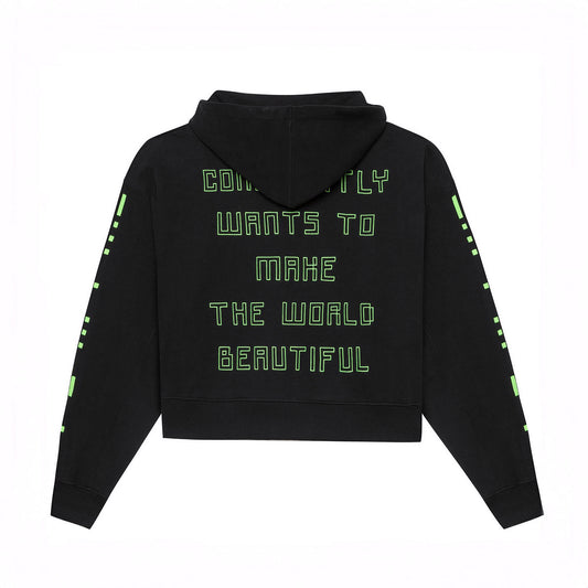 Back flat lay of the black GLIX "Make It Beautiful" oversized hoodie, showcasing the neon green puff print text on the center back and neon digital dashed lines on both sleeves.