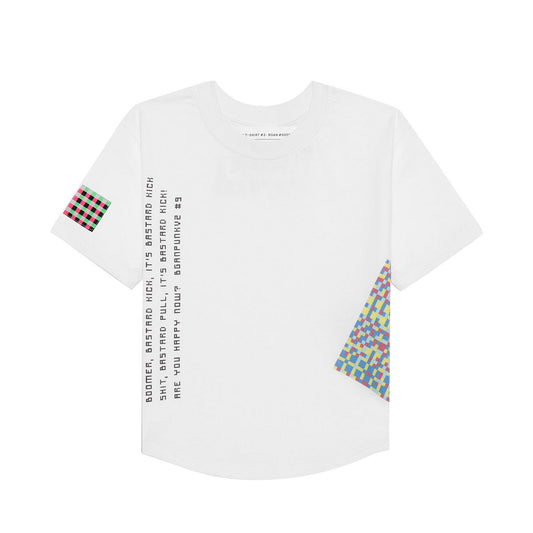 Front view of the GLIX white crop top baby tee featuring vertical black text on the right side, a colorful geometric print on the left hem, and a checkered patch on the sleeve.