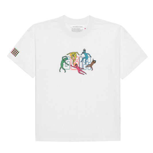 Front flat lay of the white GLIX oversized t-shirt featuring the "Rave" graphic with five colorful dancing figures in green, yellow, pink, blue, and brown over a white outlined logo.