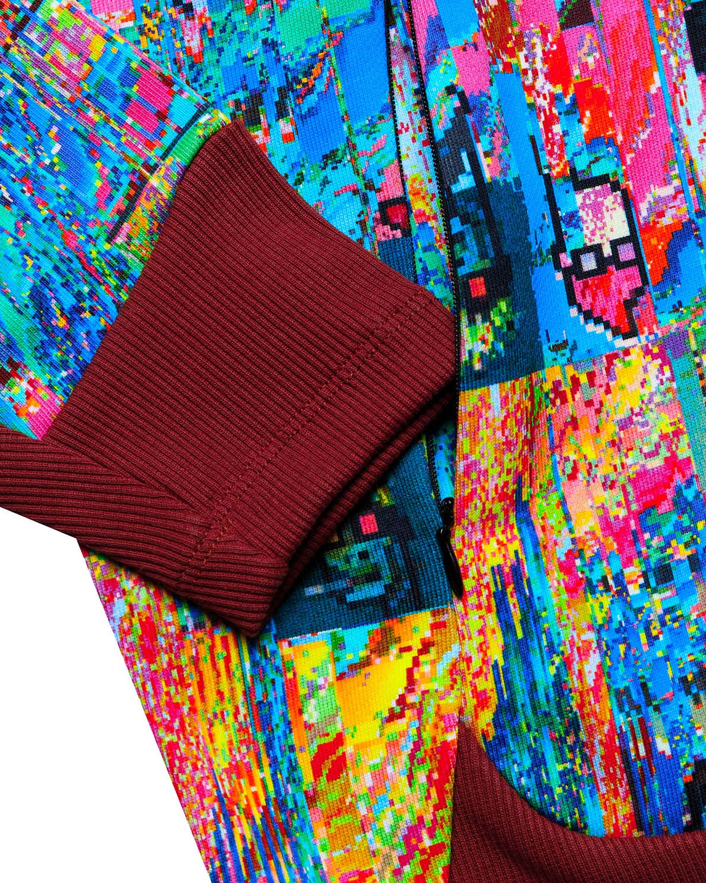 Colorful pixelated pattern with a maroon fabric swatch