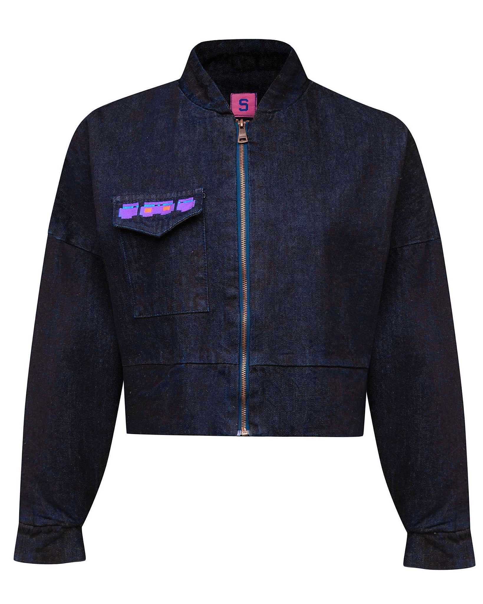 Dark blue denim jacket with a purple pocket on a white background