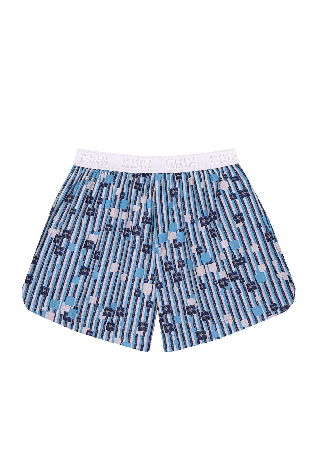 Back flat lay view of the GLIX "Water Crackle" boxing shorts, showcasing the blue and white vertical stripe pattern with pixelated floral graphics and a wide white elastic waistband with repeated GLIX logos.