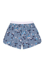 Back flat lay view of the GLIX "Water Crackle" boxing shorts, showcasing the blue and white vertical stripe pattern with pixelated floral graphics and a wide white elastic waistband with repeated GLIX logos.