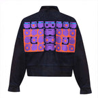 Rear flat lay view of the GLIX "Totem" denim crop bomber jacket in a dark wash, featuring a large purple and orange pixelated "TOTEM" graphic across the back shoulders.