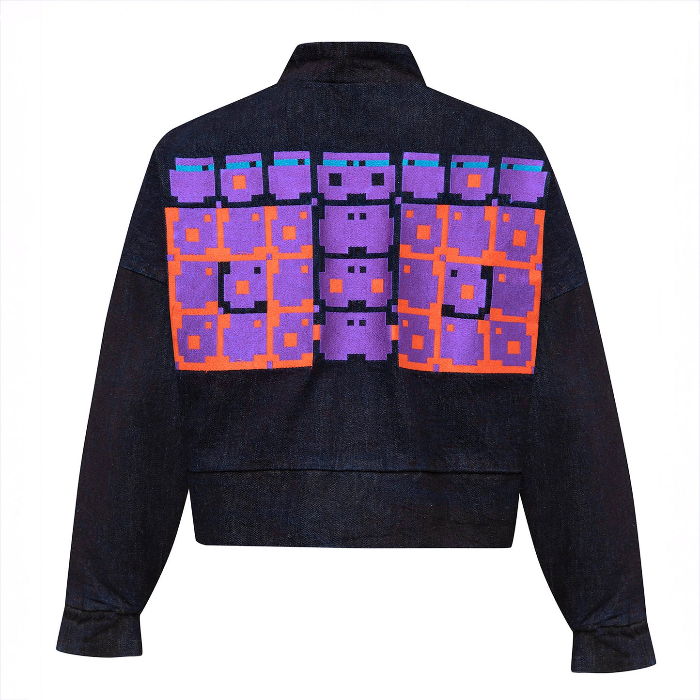 Rear flat lay view of the GLIX "Totem" denim crop bomber jacket in a dark wash, featuring a large purple and orange pixelated "TOTEM" graphic across the back shoulders.
