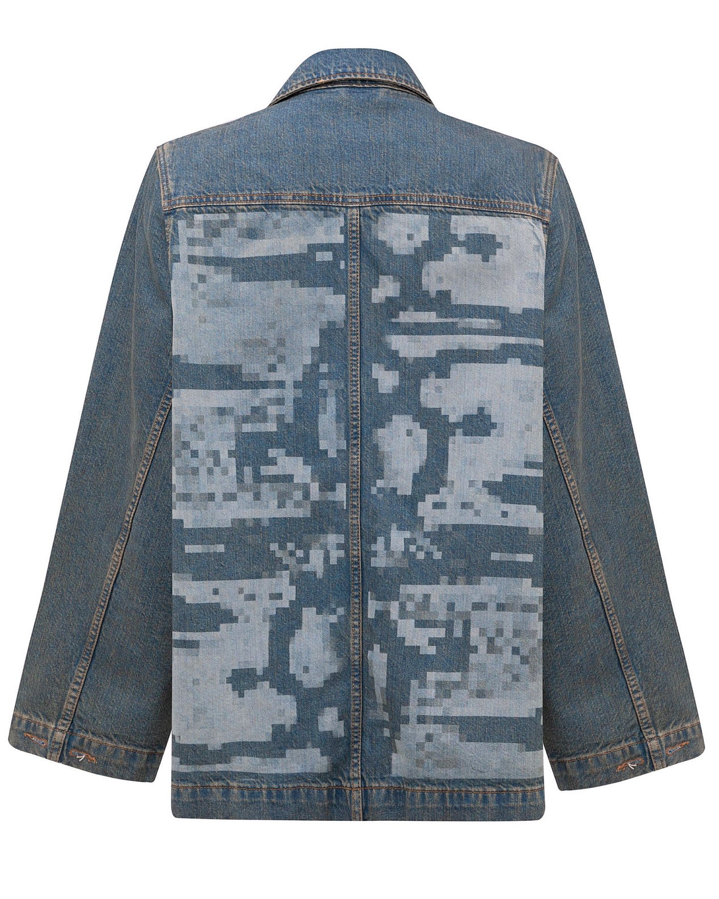 Flat lay back view of the GLIX "Coral Biome" oversized denim jacket, showcasing the large light blue digital glitch and pixelated print spanning the center back panels.