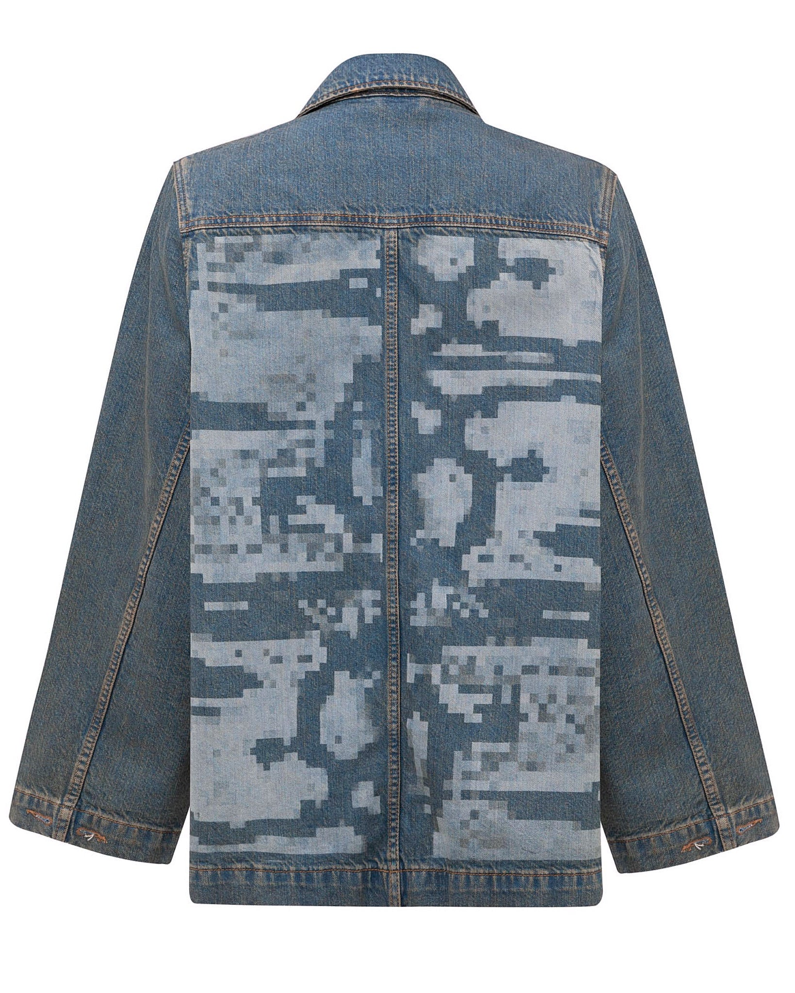Flat lay back view of the GLIX "Coral Biome" oversized denim jacket, showcasing the large light blue digital glitch and pixelated print spanning the center back panels.