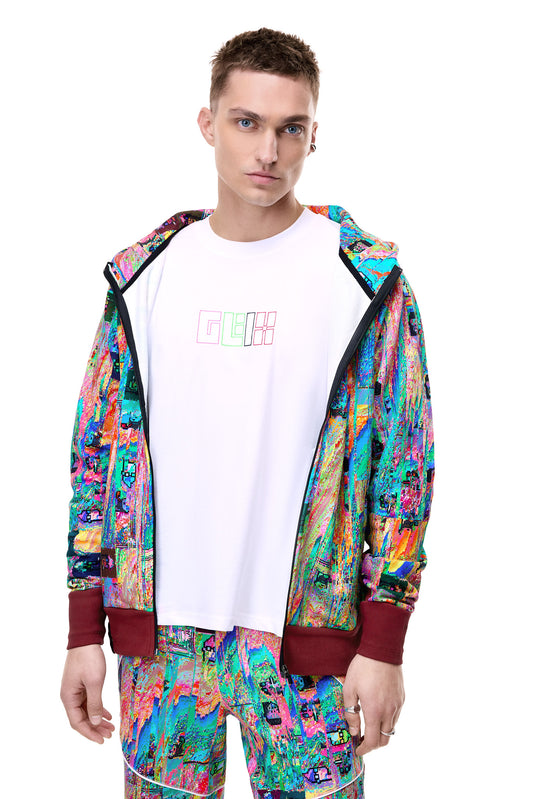 Front view of a male model wearing the GLIX "Mudderrrfall" full-zipped hoodie unzipped over a white graphic tee, featuring a vibrant multicolor liquid digital glitch print and deep burgundy ribbed cuffs and hem.