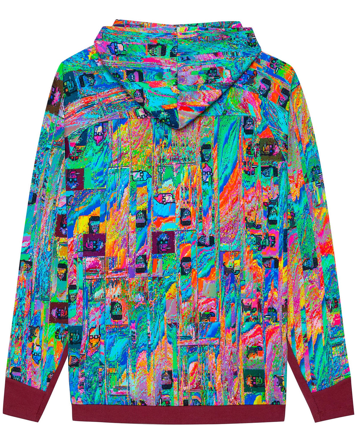 Flat lay back view of the GLIX "Mudderrrfall" full-zipped hoodie, featuring a vibrant multicolor liquid digital glitch all-over print with a deep burgundy ribbed hem and cuffs.