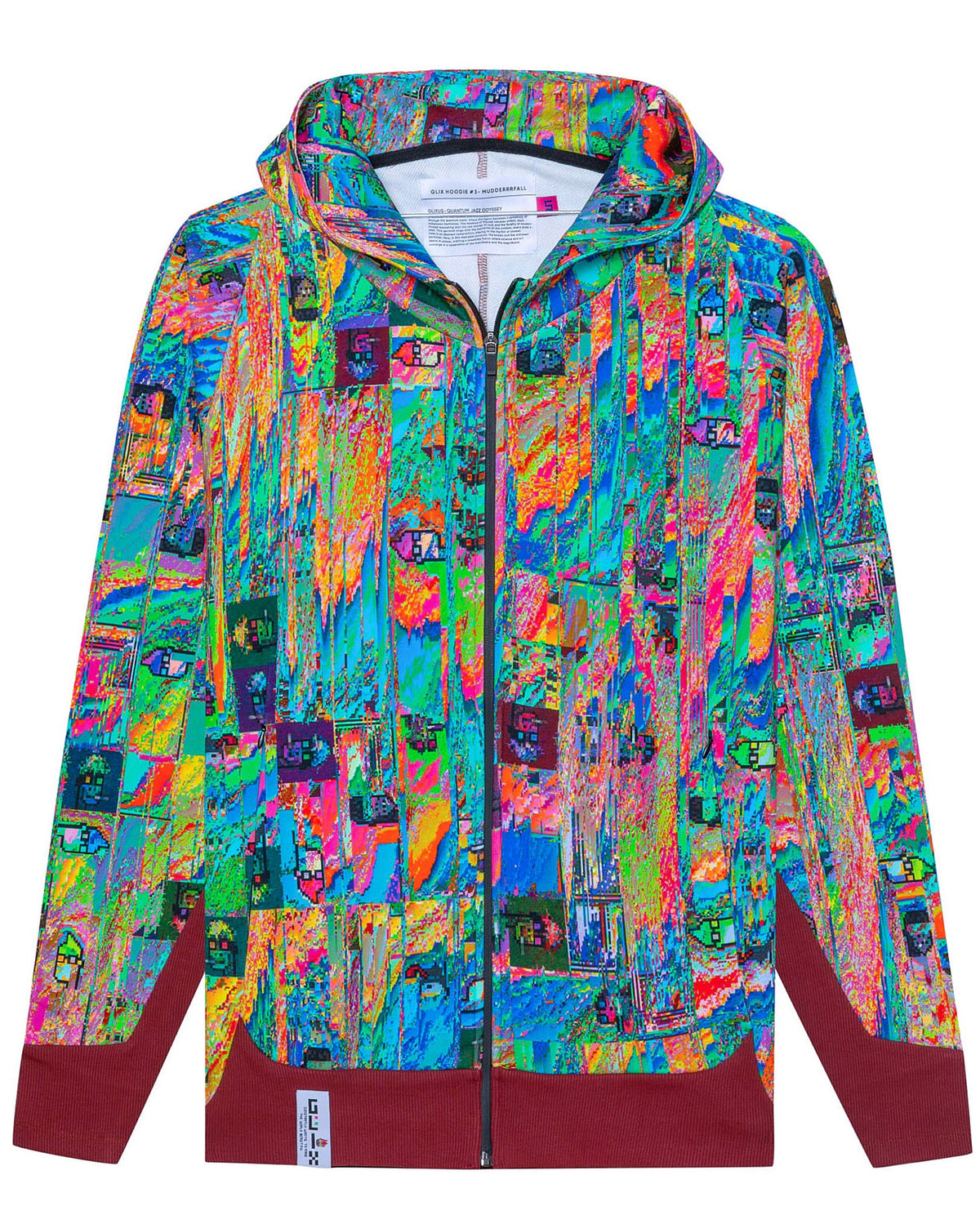 Front flat lay view of the GLIX "Mudderrrfall" full-zipped hoodie, featuring an all-over multicolor liquid digital glitch print, a central black zipper, and deep burgundy ribbed cuffs and hem.