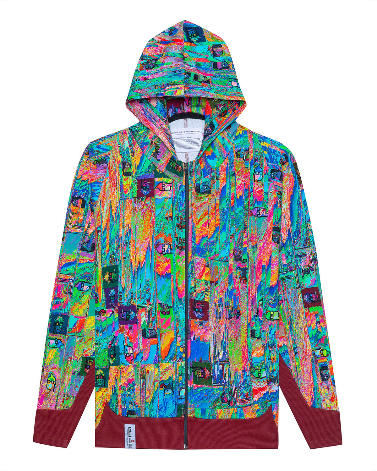 Front flat lay view of the GLIX "Mudderrrfall" full-zipped hoodie with the hood up, featuring the vibrant multicolor liquid digital glitch print, a central black zipper, and deep burgundy ribbed cuffs and hem.