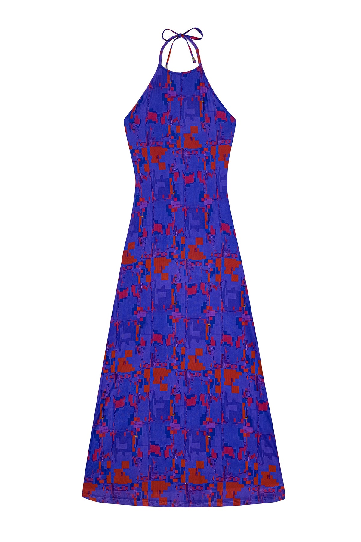 Front flat lay view of the GLIX "#404.Blush" glitch dress, a purple halter-neck maxi dress featuring a vibrant all-over red and orange pixelated digital glitch pattern.