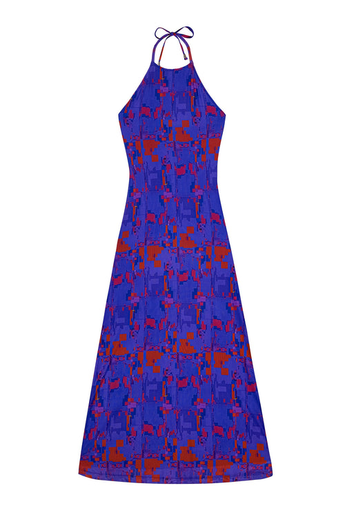 Front flat lay view of the GLIX "#404.Blush" glitch dress, a purple halter-neck maxi dress featuring a vibrant all-over red and orange pixelated digital glitch pattern.