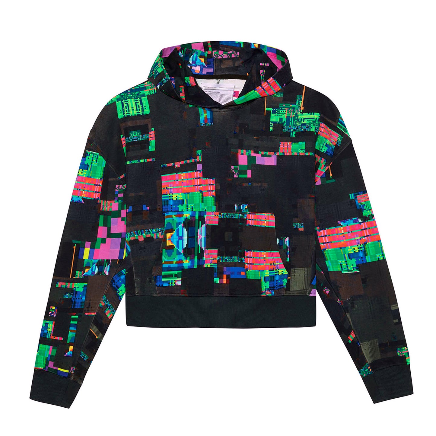 Front flat lay of the GLIX "Screen Error" oversized black hoodie featuring a vibrant all-over digital glitch print in neon green, pink, and blue, with a kangaroo pocket and thick ribbed cuffs and hem.