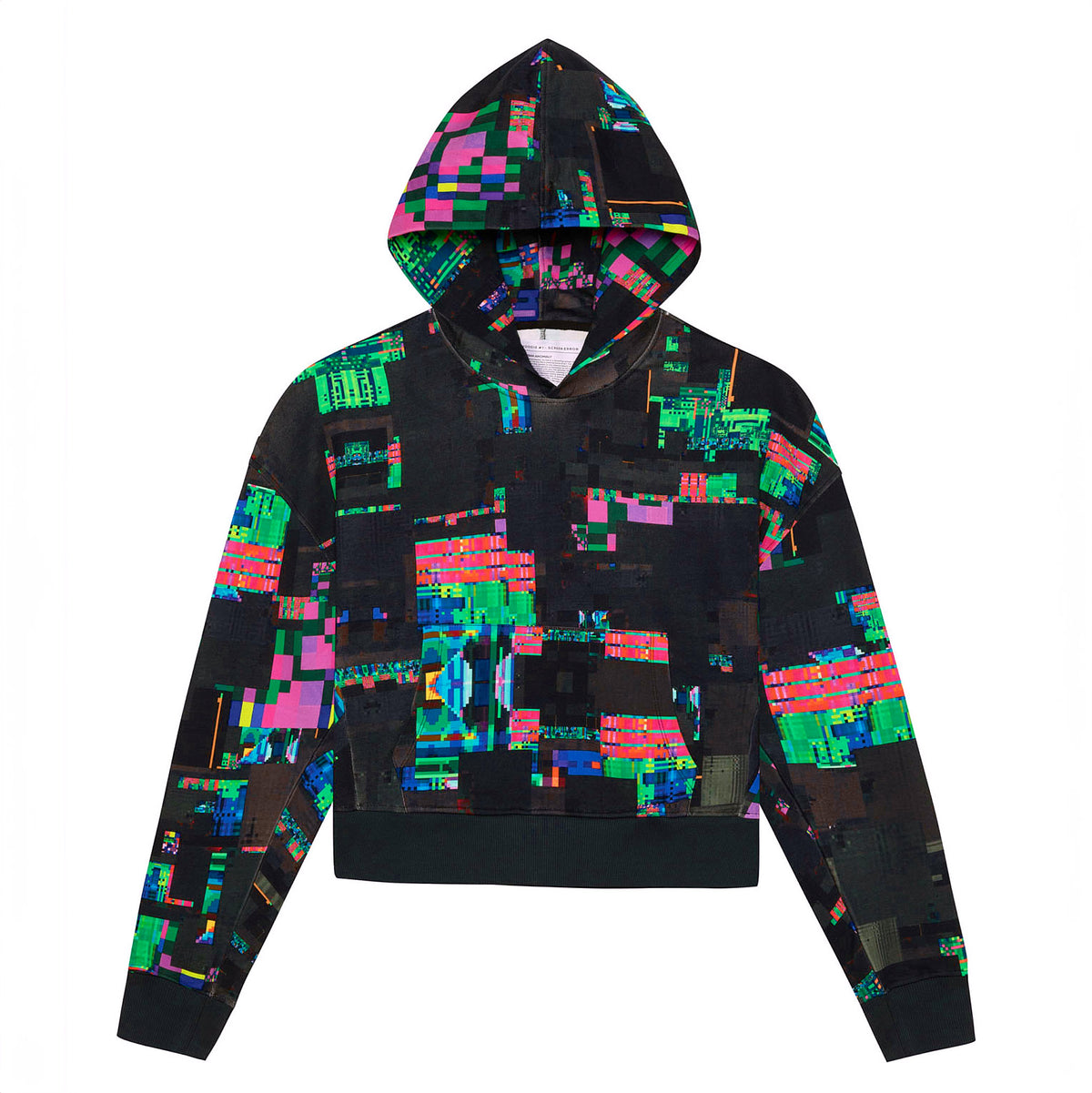 Front flat lay of the GLIX "Screen Error" oversized black hoodie with the hood up, showcasing the continuous vibrant neon digital glitch pattern across the hood, body, and sleeves.