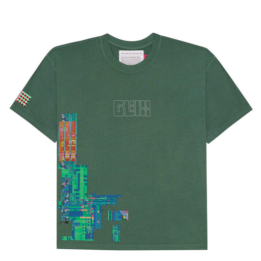 Front flat lay of the green GLIX oversized t-shirt featuring a white outlined GLIX logo on the chest and a vertical multi-colored digital glitch graphic on the right side.