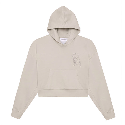 Front flat lay view of the light grey GLIX "Grey Matter" oversized hoodie with the hood up, showcasing the small grey digital glitch embroidery on the left chest and the kangaroo pocket against a white background.