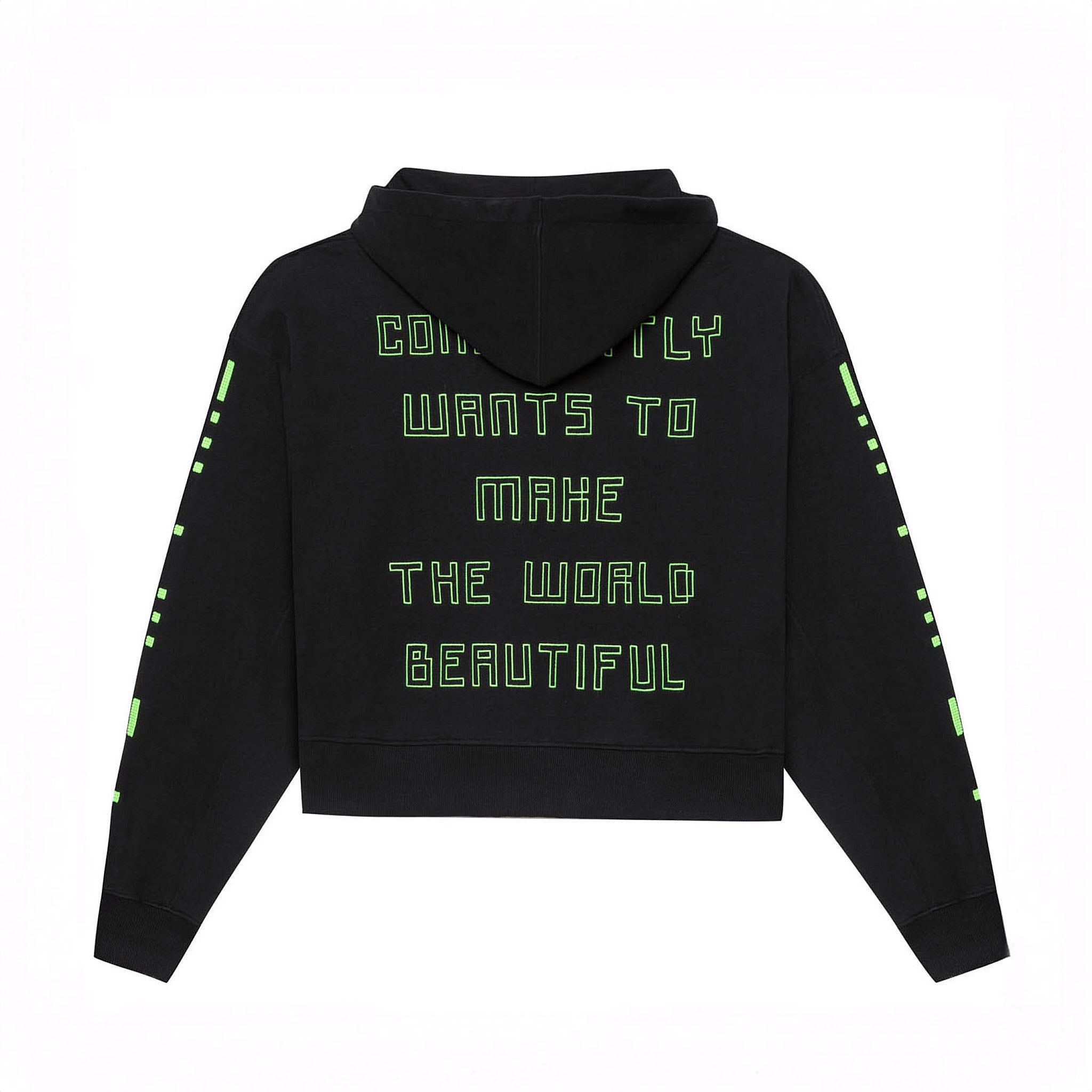 Back flat lay of the black GLIX "Make It Beautiful" oversized hoodie, showcasing the neon green puff print text on the center back and neon digital dashed lines on both sleeves.