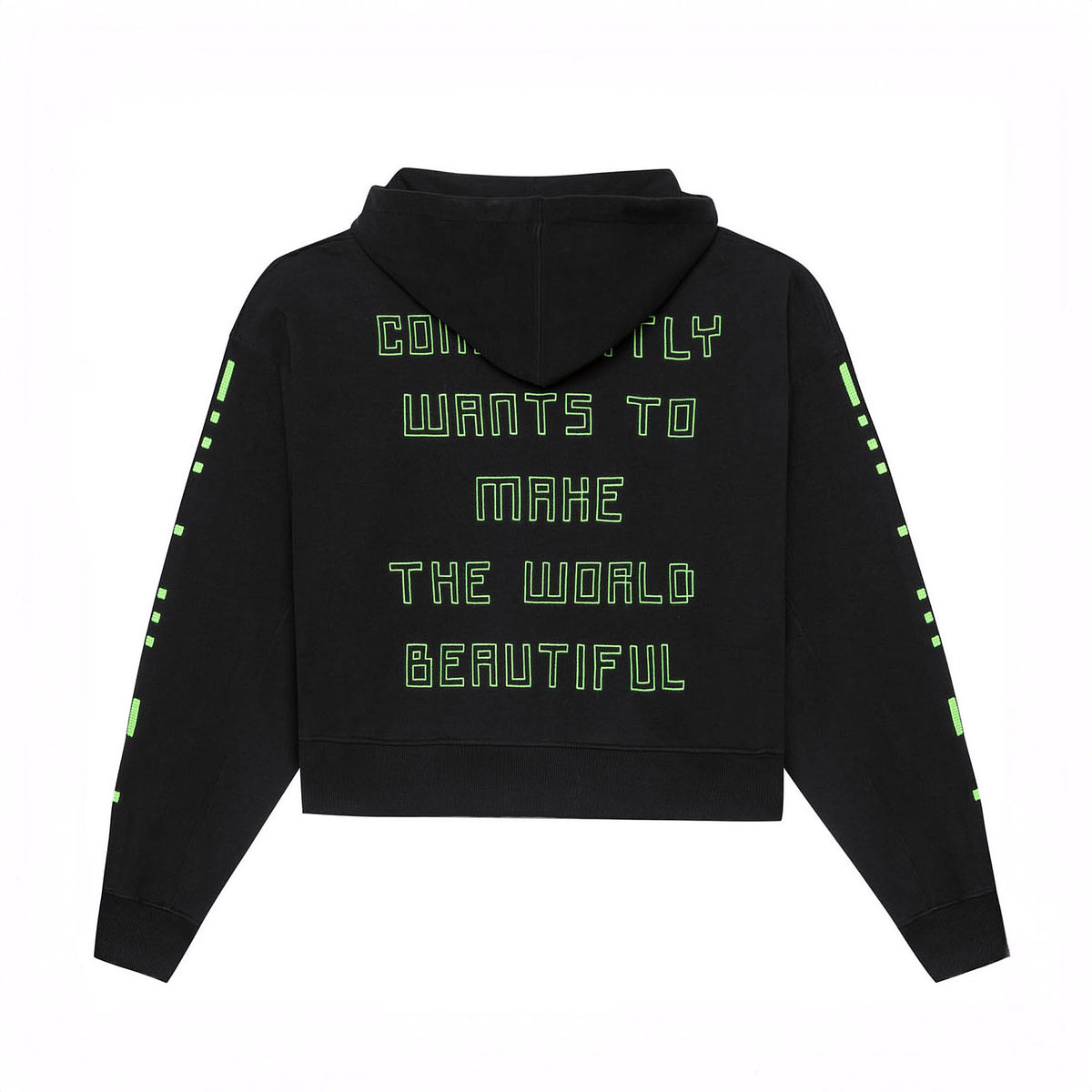 Back flat lay of the black GLIX "Make It Beautiful" oversized hoodie, showcasing the neon green puff print text on the center back and neon digital dashed lines on both sleeves.