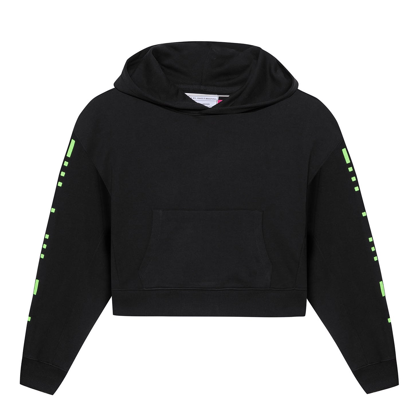 Front flat lay of the black GLIX "Make It Beautiful" oversized hoodie, showcasing the neon green digital dashed lines on both sleeves and the central kangaroo pocket.