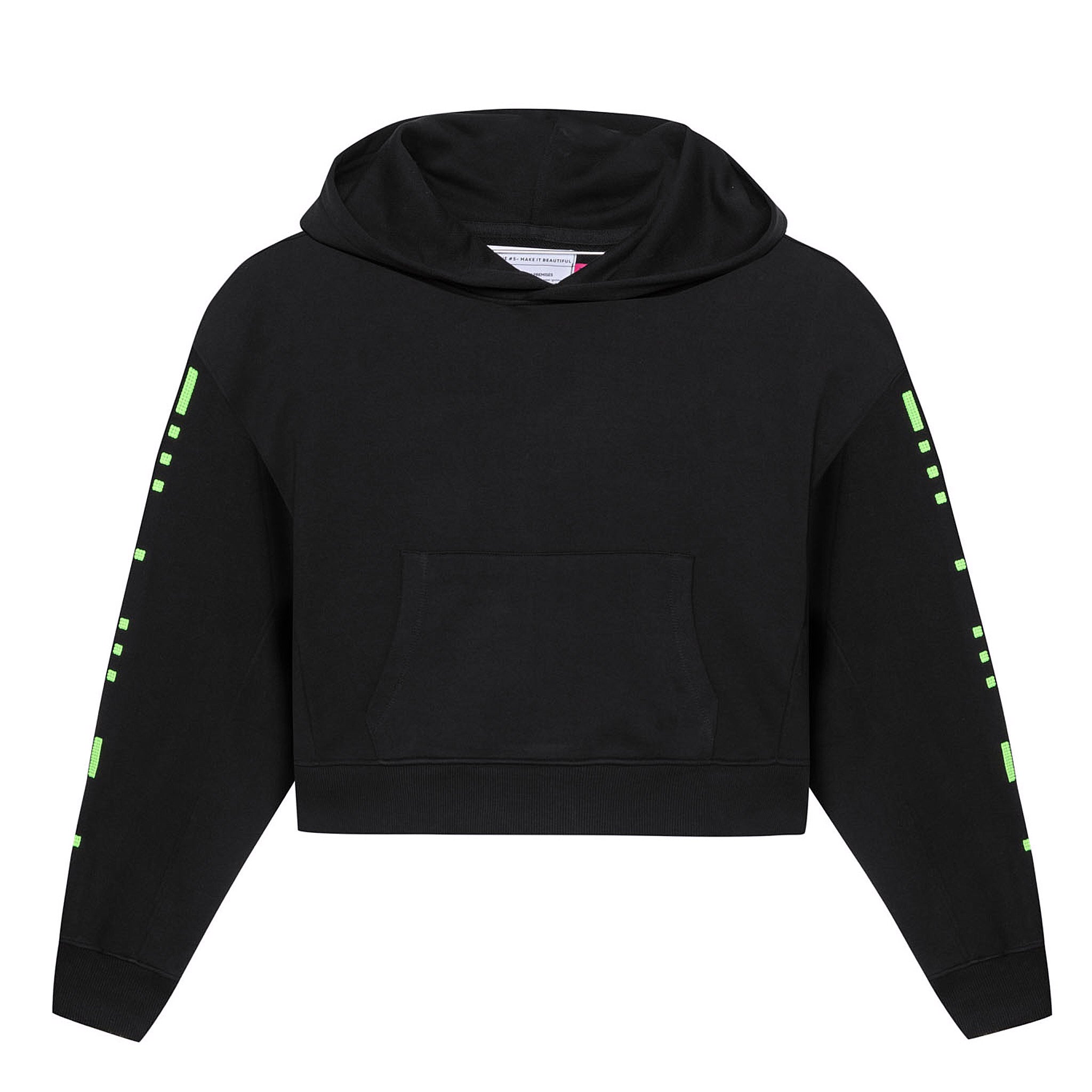 Front flat lay of the black GLIX "Make It Beautiful" oversized hoodie, showcasing the neon green digital dashed lines on both sleeves and the central kangaroo pocket.