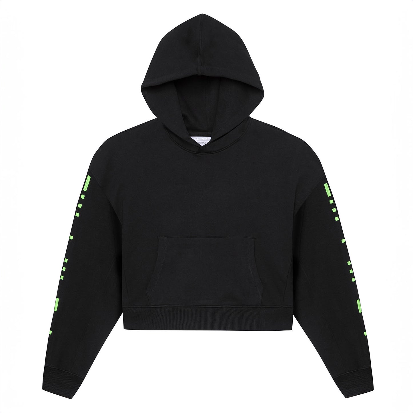 Front flat lay view of the black GLIX "Make It Beautiful" oversized hoodie with the hood up, showcasing the neon green digital dashed lines on both sleeves and the kangaroo pocket.