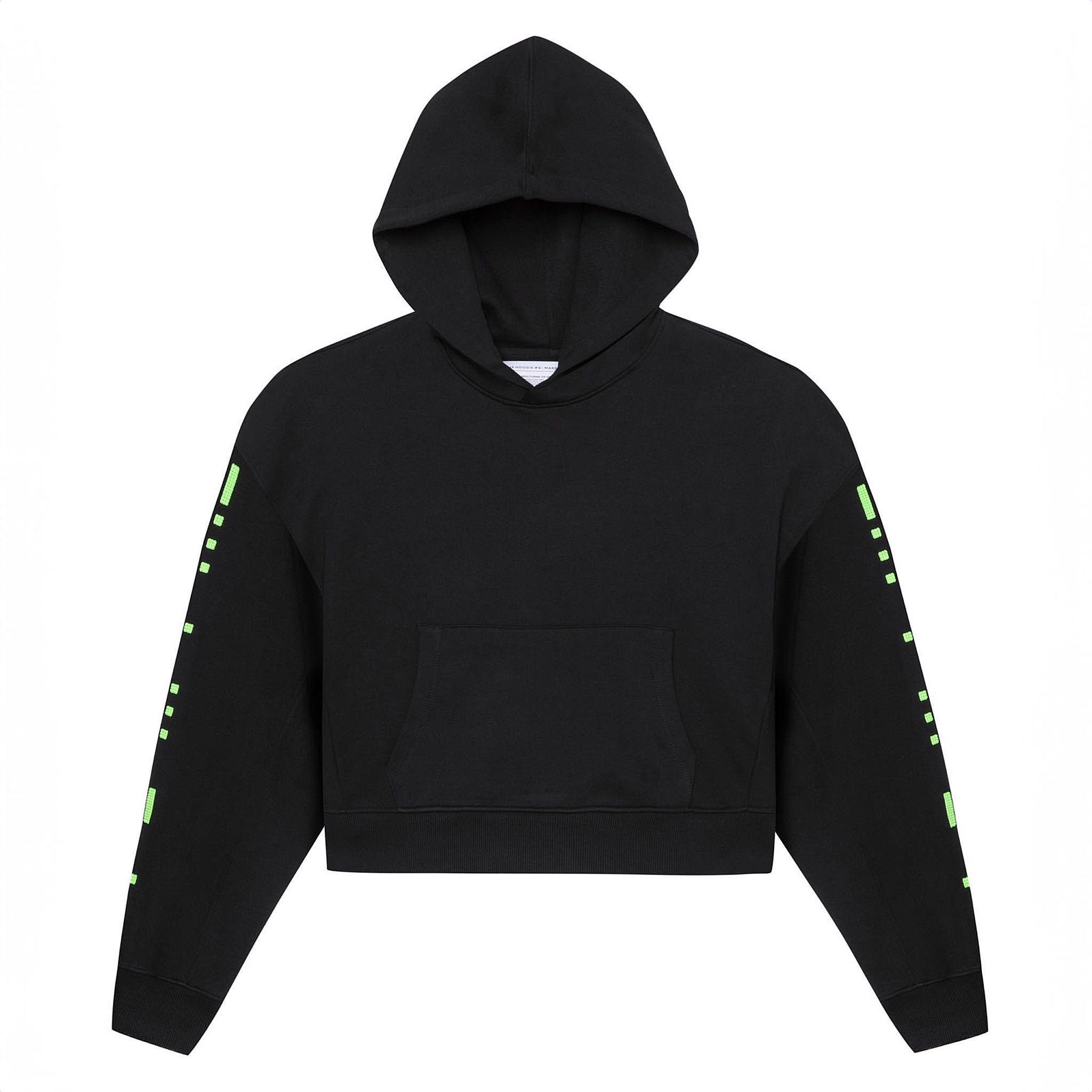 Front flat lay view of the black GLIX "Make It Beautiful" oversized hoodie with the hood up, showcasing the neon green digital dashed lines on both sleeves and the kangaroo pocket.