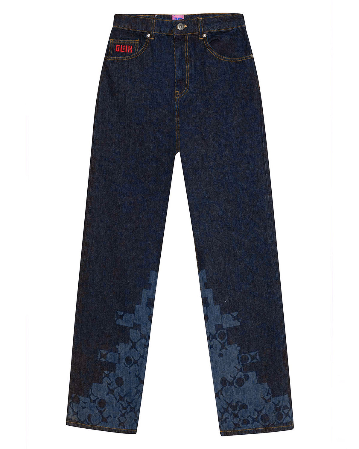 Front flat lay view of the GLIX "Cumulus" feminine fit jeans in dark wash denim, featuring tonal blue pixelated graphics on the lower legs and a red embroidered logo on the coin pocket.
