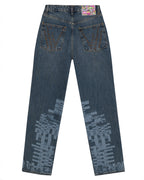 Front flat lay view of the GLIX "Jetpack" feminine fit jeans in mid-wash denim, featuring light blue pixelated glitch graphics on the lower legs and a red embroidered logo on the coin pocket.