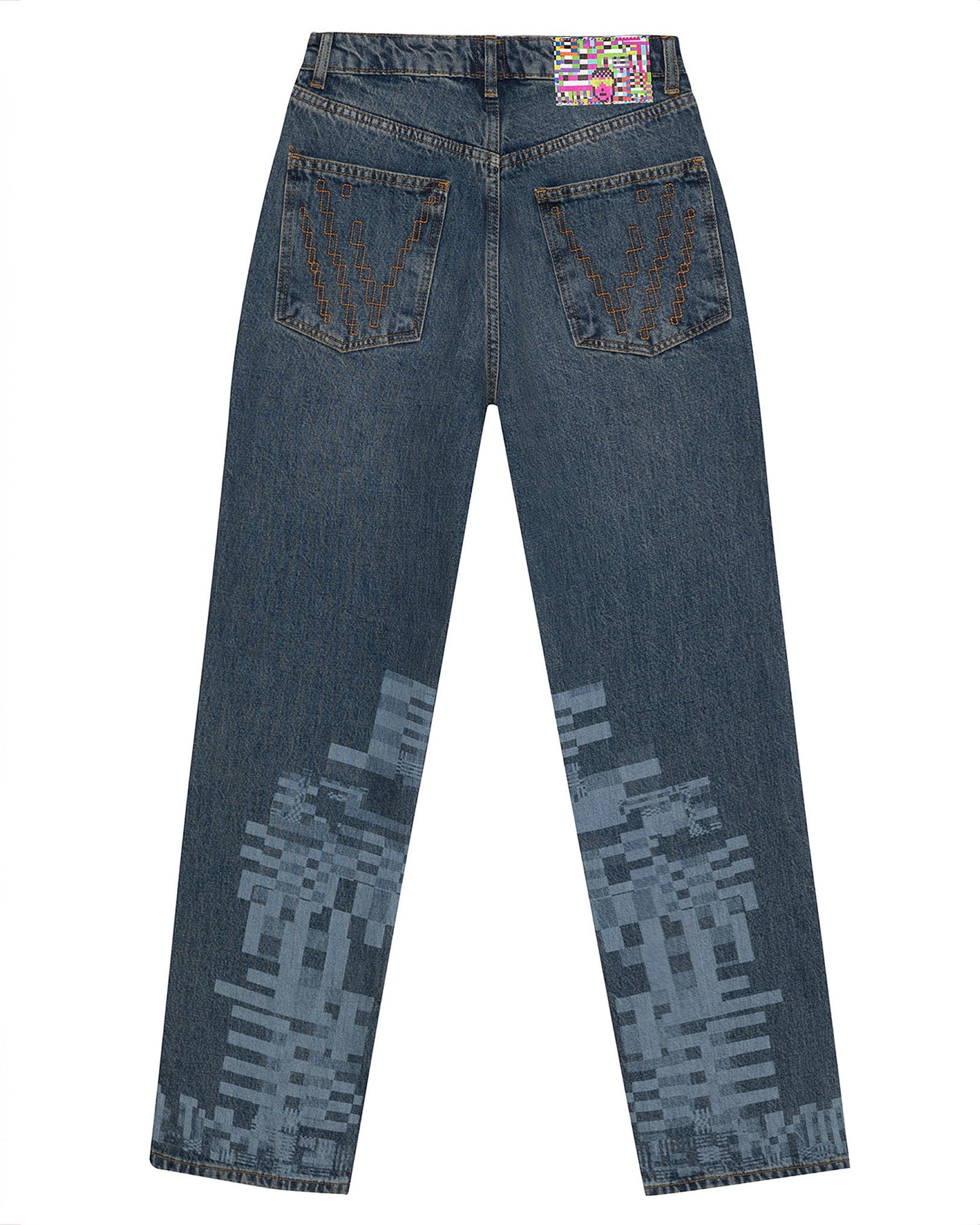 Front flat lay view of the GLIX "Jetpack" feminine fit jeans in mid-wash denim, featuring light blue pixelated glitch graphics on the lower legs and a red embroidered logo on the coin pocket.