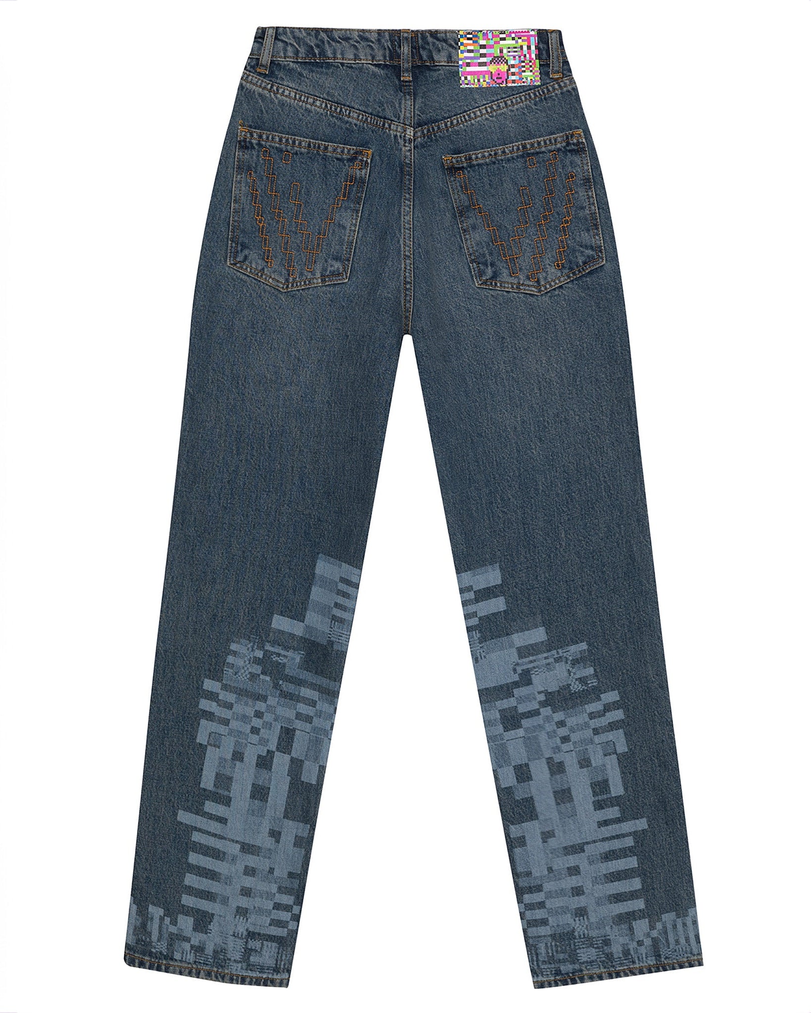 Front flat lay view of the GLIX "Jetpack" feminine fit jeans in mid-wash denim, featuring light blue pixelated glitch graphics on the lower legs and a red embroidered logo on the coin pocket.