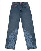 Flat lay back view of the GLIX "Jetpack" feminine fit jeans in mid-wash denim, featuring light blue pixelated glitch graphics on the lower legs, orange "V" stitch embroidery on the pockets, and a colorful digital glitch waist patch.