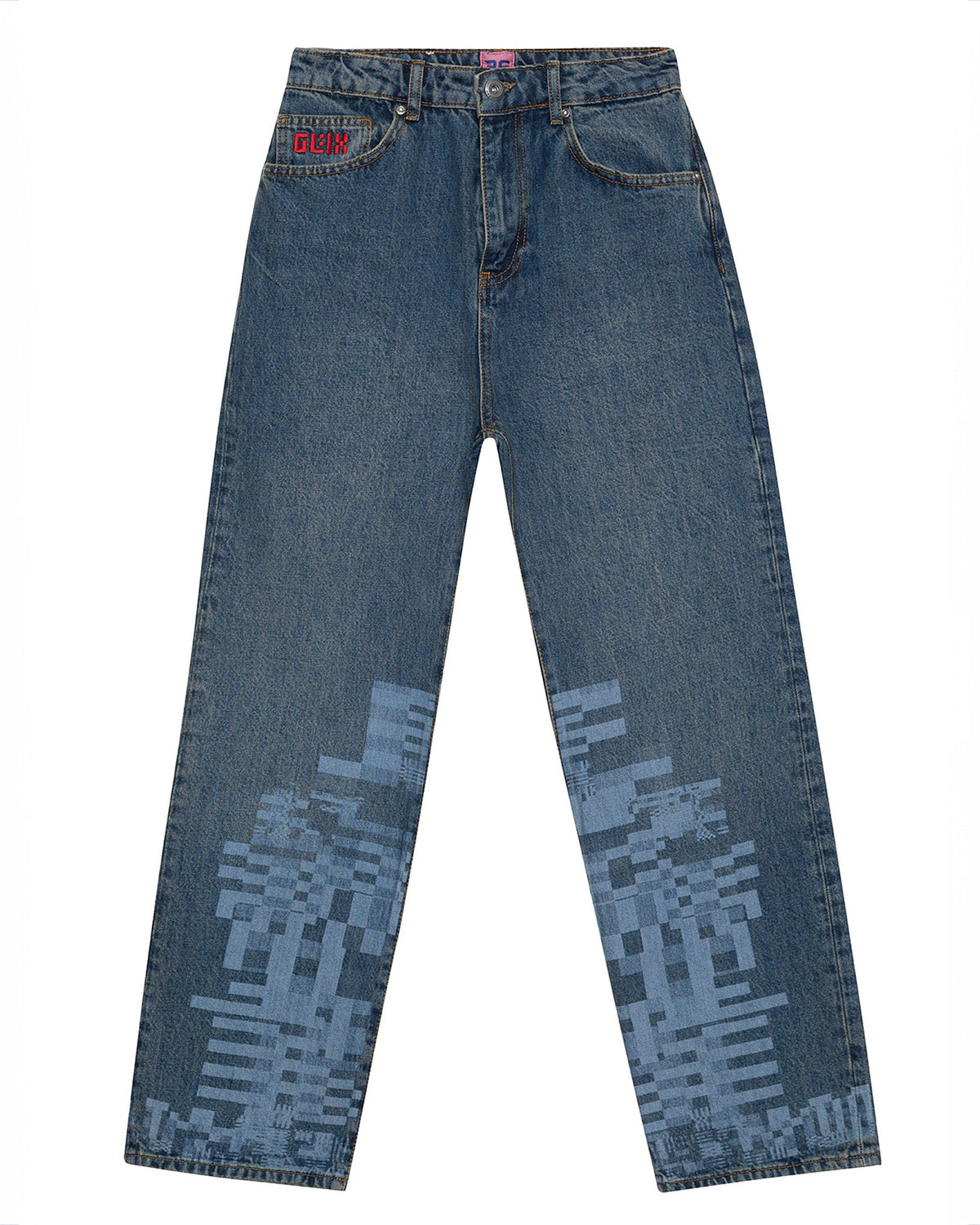 Flat lay back view of the GLIX "Jetpack" feminine fit jeans in mid-wash denim, featuring light blue pixelated glitch graphics on the lower legs, orange "V" stitch embroidery on the pockets, and a colorful digital glitch waist patch.