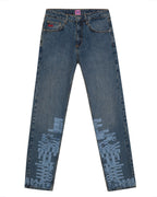 Front flat lay view of the GLIX "Jetpack" masculine fit jeans in mid-wash denim, featuring light blue pixelated digital glitch graphics on the lower legs, a red embroidered logo on the coin pocket.
