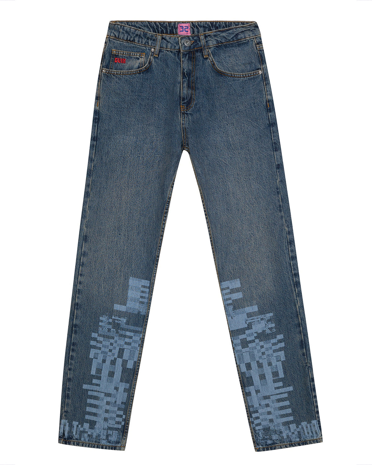 Front flat lay view of the GLIX "Jetpack" masculine fit jeans in mid-wash denim, featuring light blue pixelated digital glitch graphics on the lower legs, a red embroidered logo on the coin pocket.
