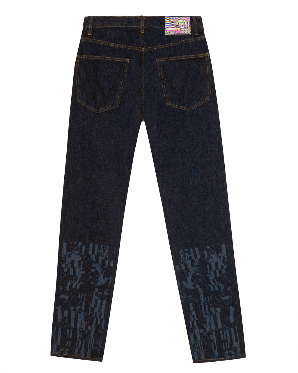 Flat lay back view of the GLIX "The Maze" masculine fit jeans, showcasing the colorful pixelated waist patch, black "V" embroidery on the pockets, and tonal blue maze graphics on the lower legs.