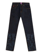 Front flat lay view of the GLIX "The Maze" masculine fit jeans in dark wash denim, featuring tonal blue pixelated maze graphics on the lower legs, a red embroidered logo on the coin pocket