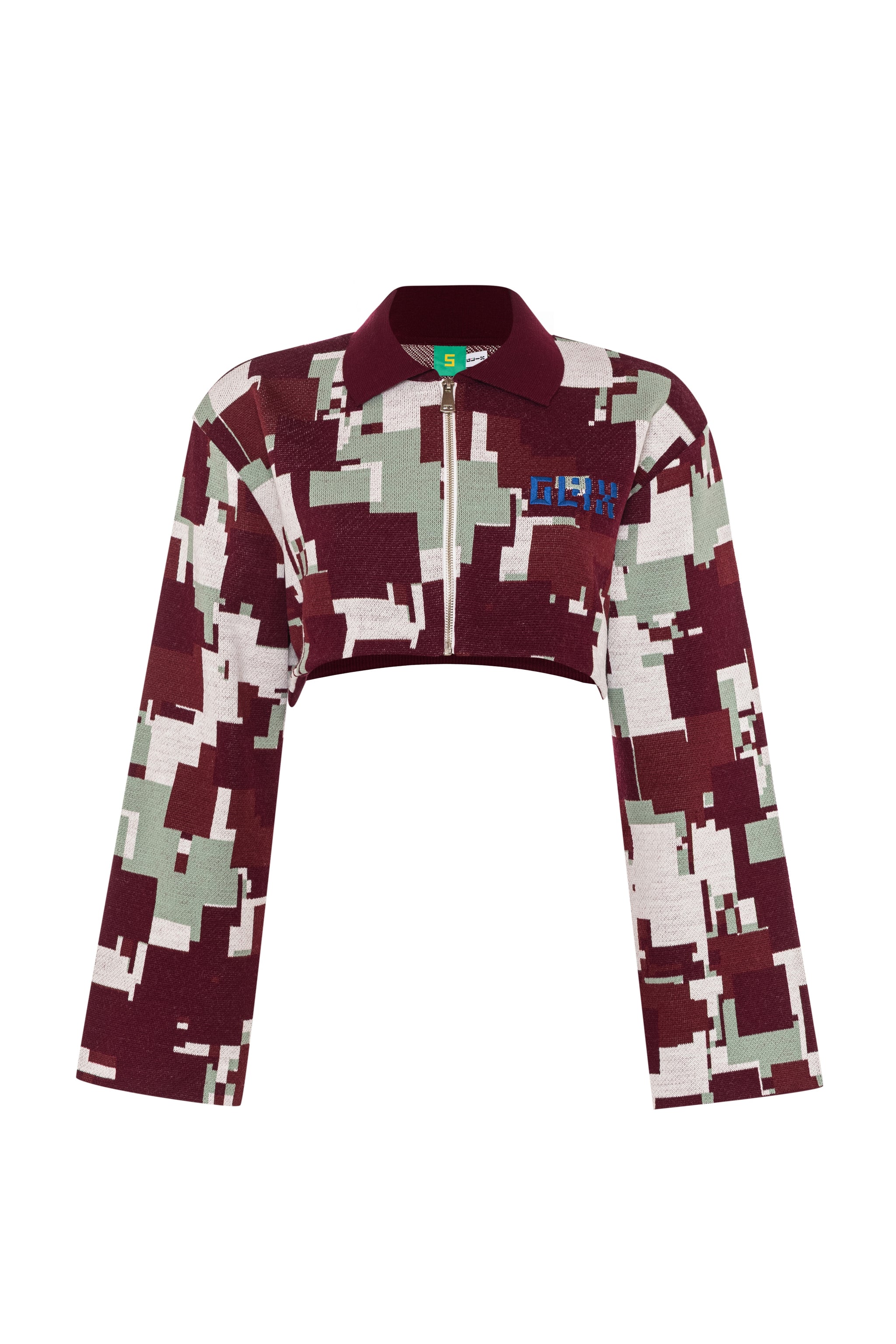 Front flat lay view of the GLIX "Cherry Moo" cropped long-sleeve jacquard knit jacket on a white background, featuring an all-over pixelated glitch pattern in burgundy, sage green, and white, with a solid burgundy polo collar, full-length silver zip closure, blue embroidered GLIX logo on the chest, and a severely cropped hem.