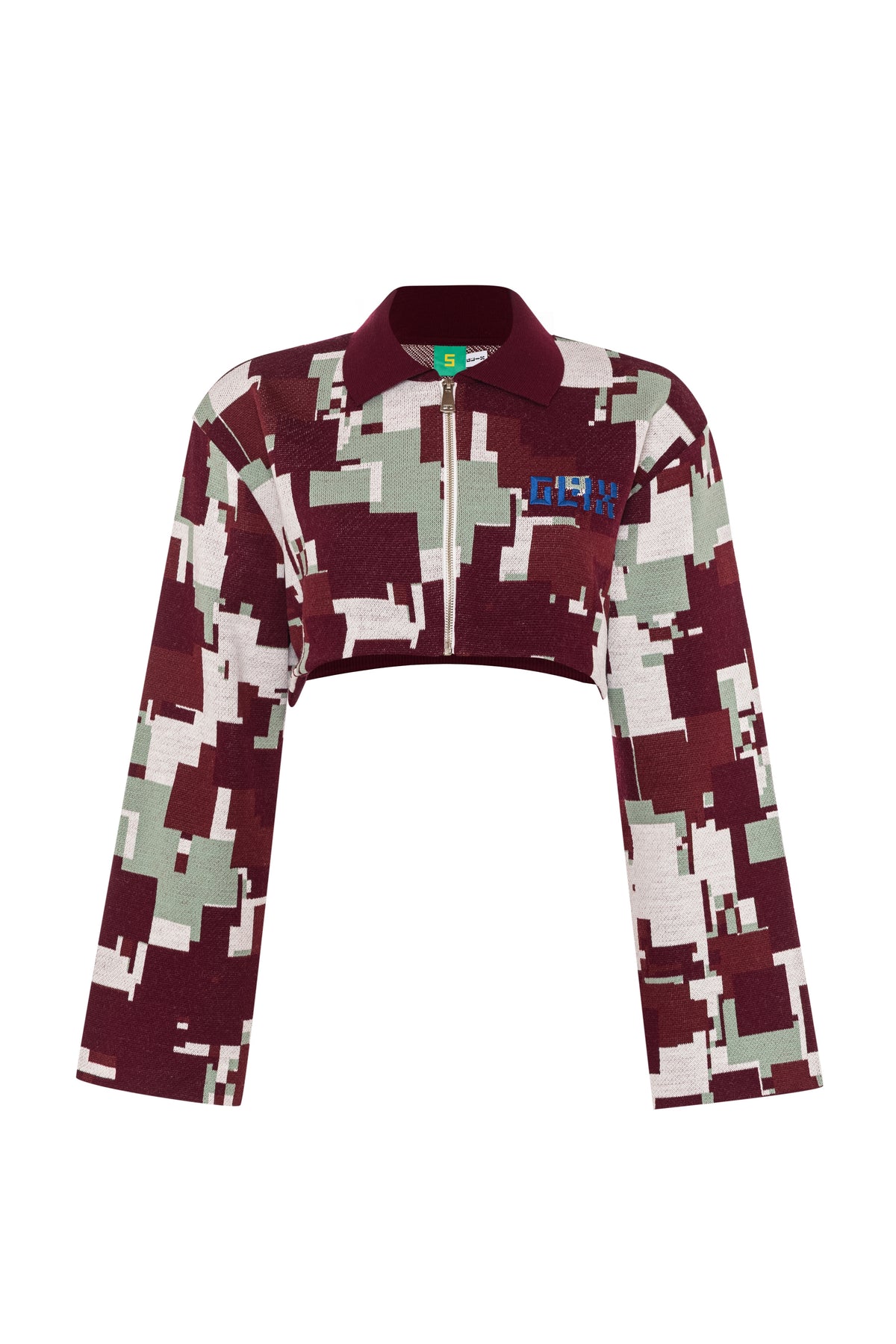 Front flat lay view of the GLIX "Cherry Moo" cropped long-sleeve jacquard knit jacket on a white background, featuring an all-over pixelated glitch pattern in burgundy, sage green, and white, with a solid burgundy polo collar, full-length silver zip closure, blue embroidered GLIX logo on the chest, and a severely cropped hem.