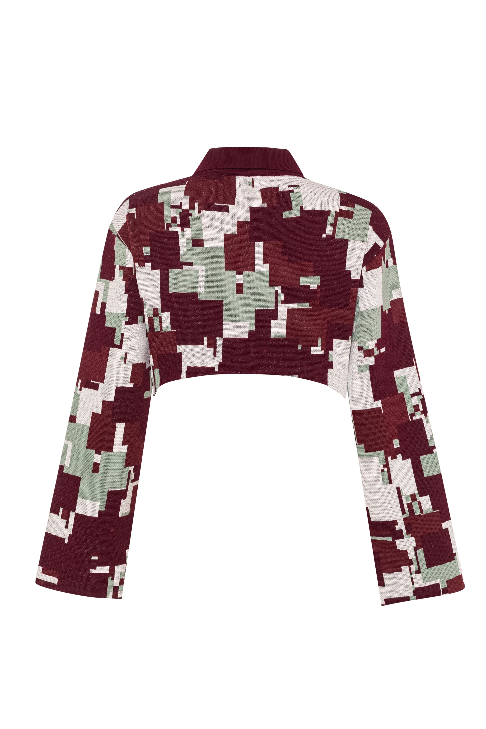 Rear flat lay view of the GLIX "Cherry Moo" cropped long-sleeve jacquard knit jacket on a white background, featuring an all-over pixelated glitch pattern in burgundy, sage green, and white, with a solid burgundy polo collar visible from behind, clean back panel with no embroidery, and a severely cropped hem.