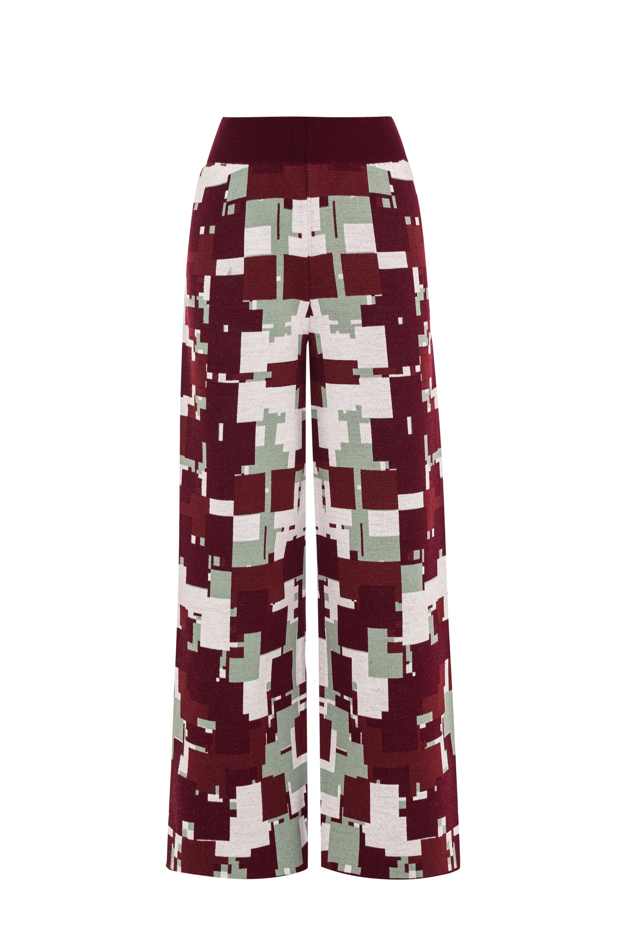 Front flat lay view of the GLIX "Cherry Moo" knit pants on a white background, featuring an all-over jacquard knit pixelated glitch pattern in burgundy, sage green, and white, with a wide solid burgundy ribbed elasticated waistband and a cropped wide-leg silhouette.