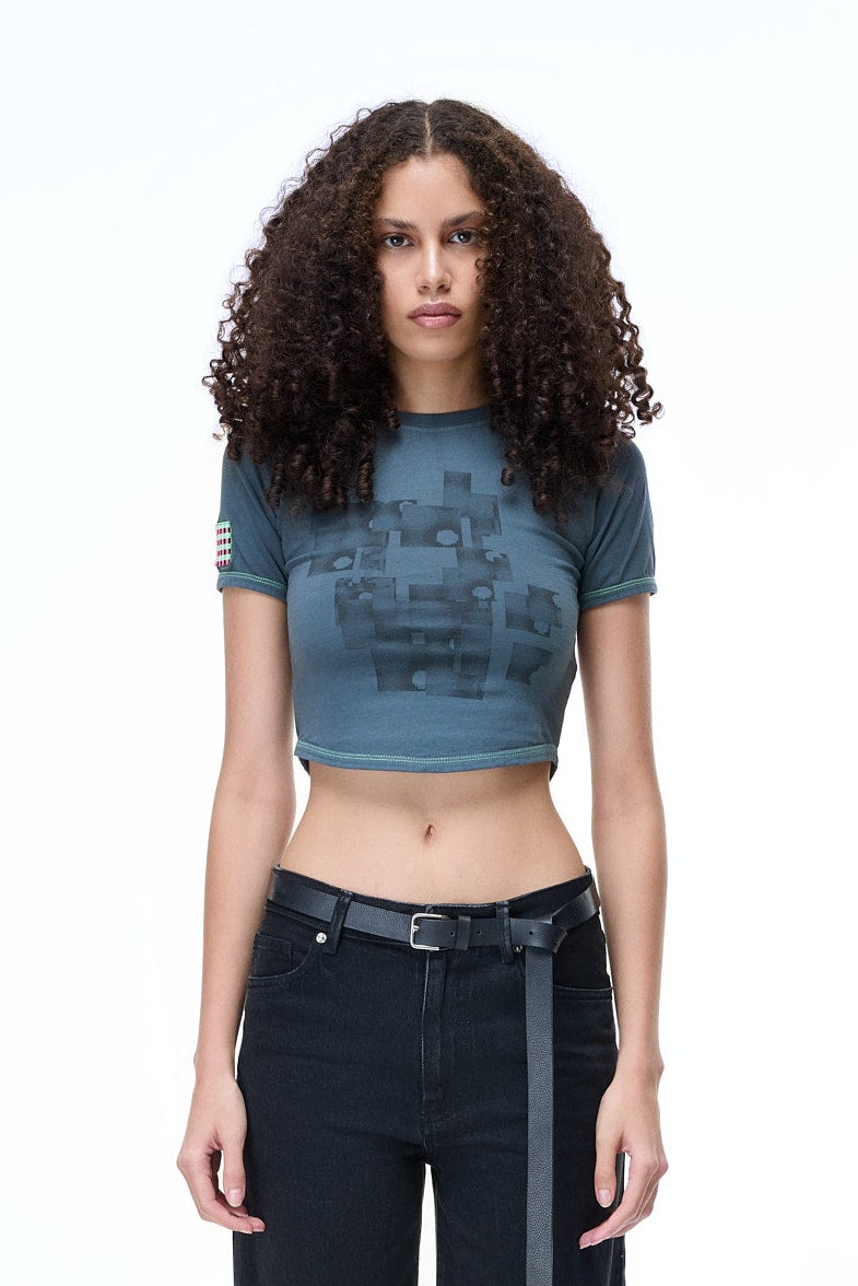 Front view of a model wearing the GLIX MOLD PROBLEM dark grey crop top baby tee with a slim feminine fit and architectural curved hem.