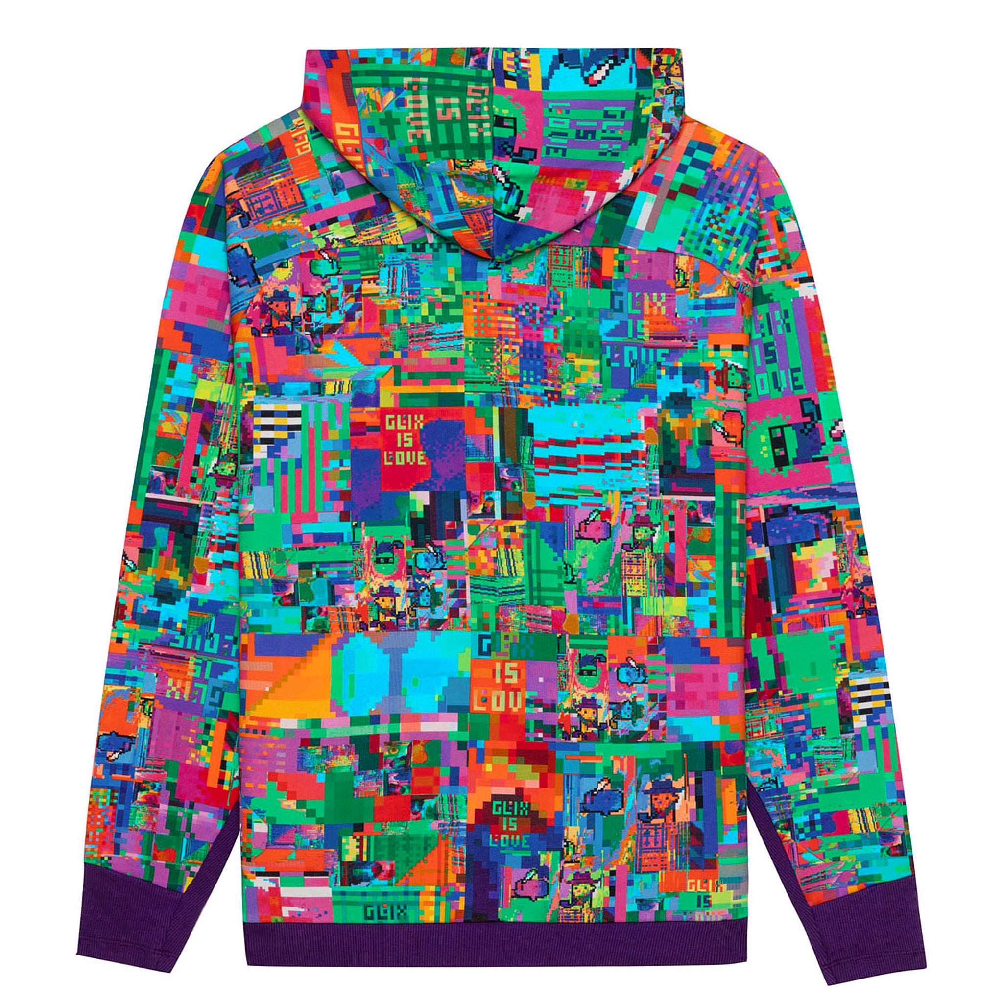 Flat lay back view of the GLIX "Glix Is Love" oversized hoodie, showcasing the continuous multicolor digital glitch all-over print, hood, and purple ribbed hem and cuffs.