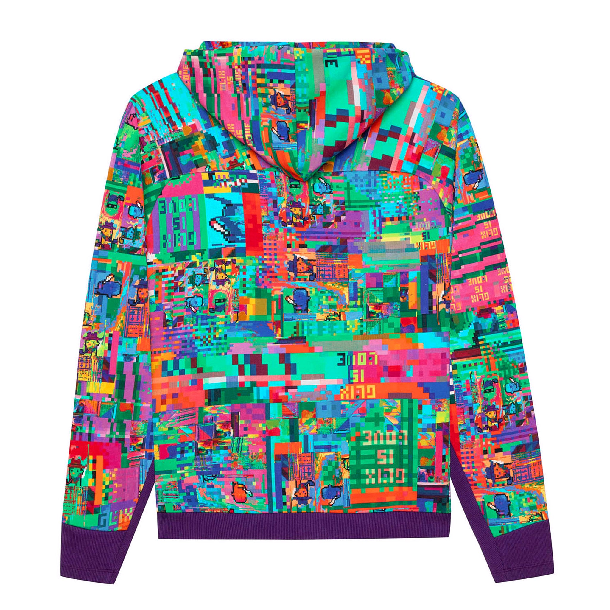 Front flat lay view of the GLIX "Glix Is Love" oversized hoodie, featuring a vibrant, maximalist multicolor digital glitch all-over print with a purple ribbed hem and matching sleeve cuffs.