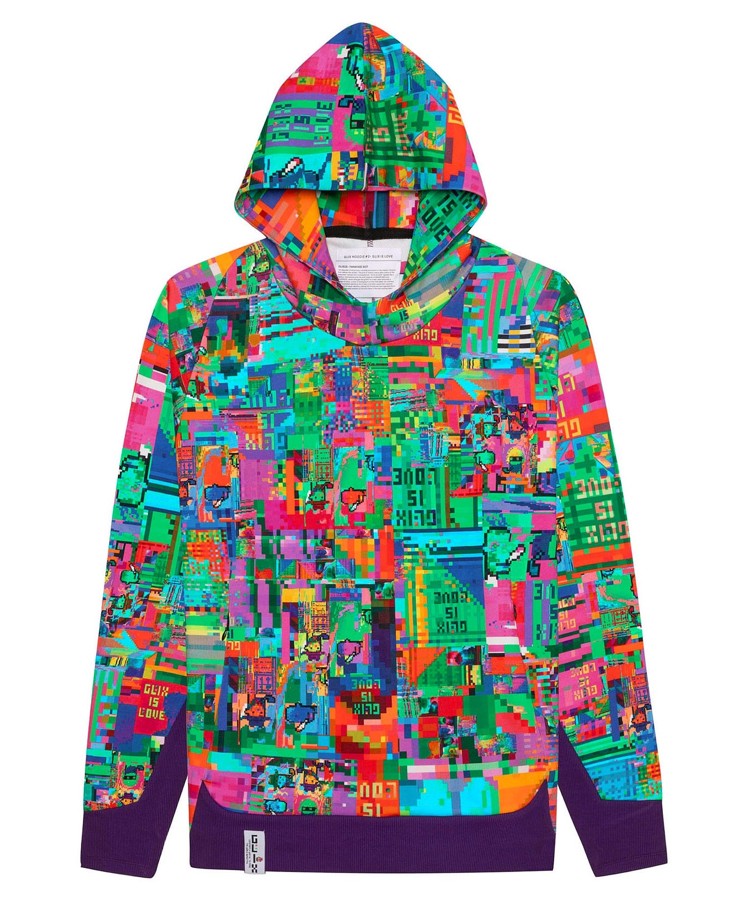 Colorful patterned hoodie on a white background. Product name is GLIX IS LOVE