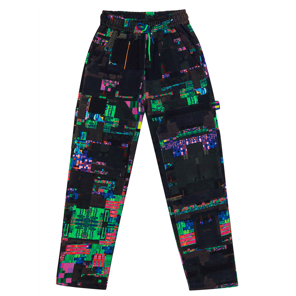 Front flat lay view of the GLIX "Screen Error" oversized sweatpants, featuring an all-over dark digital glitch print with neon green and blue pixelated accents, an elastic waistband with neon green and blue drawstrings, and reinforced knee paneling.