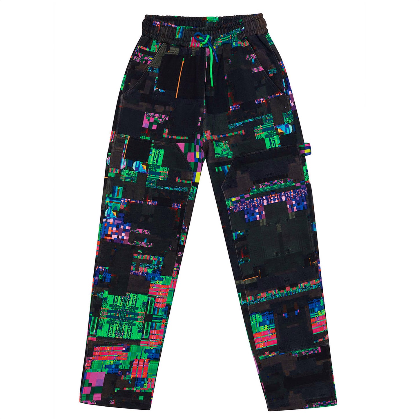 Front flat lay view of the GLIX "Screen Error" oversized sweatpants, featuring an all-over dark digital glitch print with neon green and blue pixelated accents, an elastic waistband with neon green and blue drawstrings, and reinforced knee paneling.