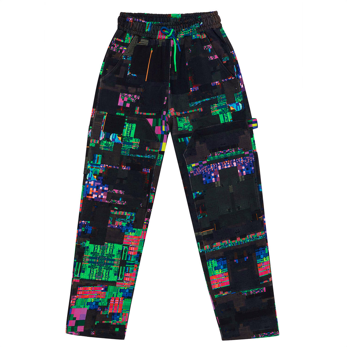Front flat lay view of the GLIX "Screen Error" oversized sweatpants, featuring an all-over dark digital glitch print with neon green and blue pixelated accents, an elastic waistband with neon green and blue drawstrings, and reinforced knee paneling.