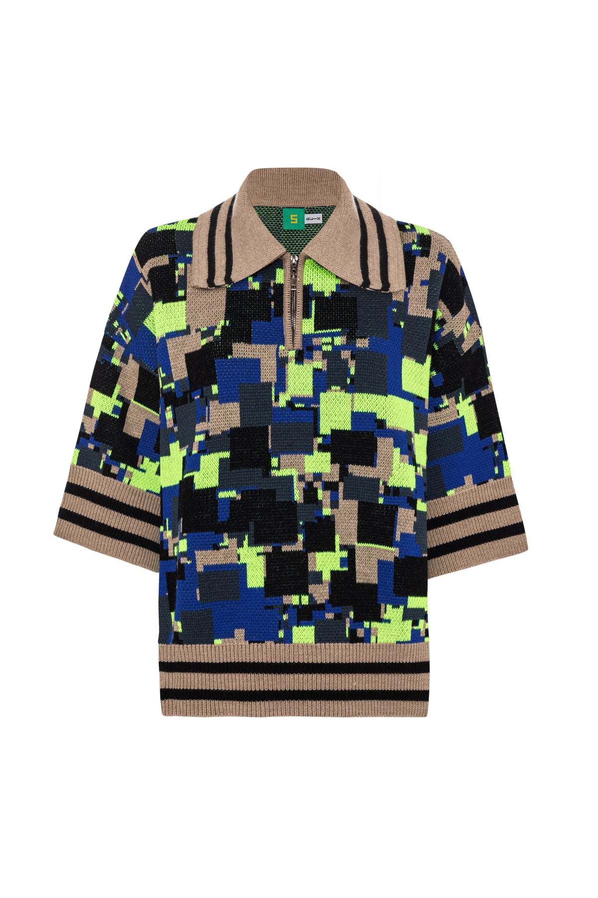 Front flat lay view of the GLIX "No Knit" oversized short-sleeve jacquard knit polo sweater on a white background, featuring an all-over pixelated glitch pattern in cobalt blue, neon yellow-green, black, and camel, with a camel-and-black striped ribbed hem and cuffs, camel polo collar with black stripe trim, half-zip closure, and a green internal lining visible at the neckline.