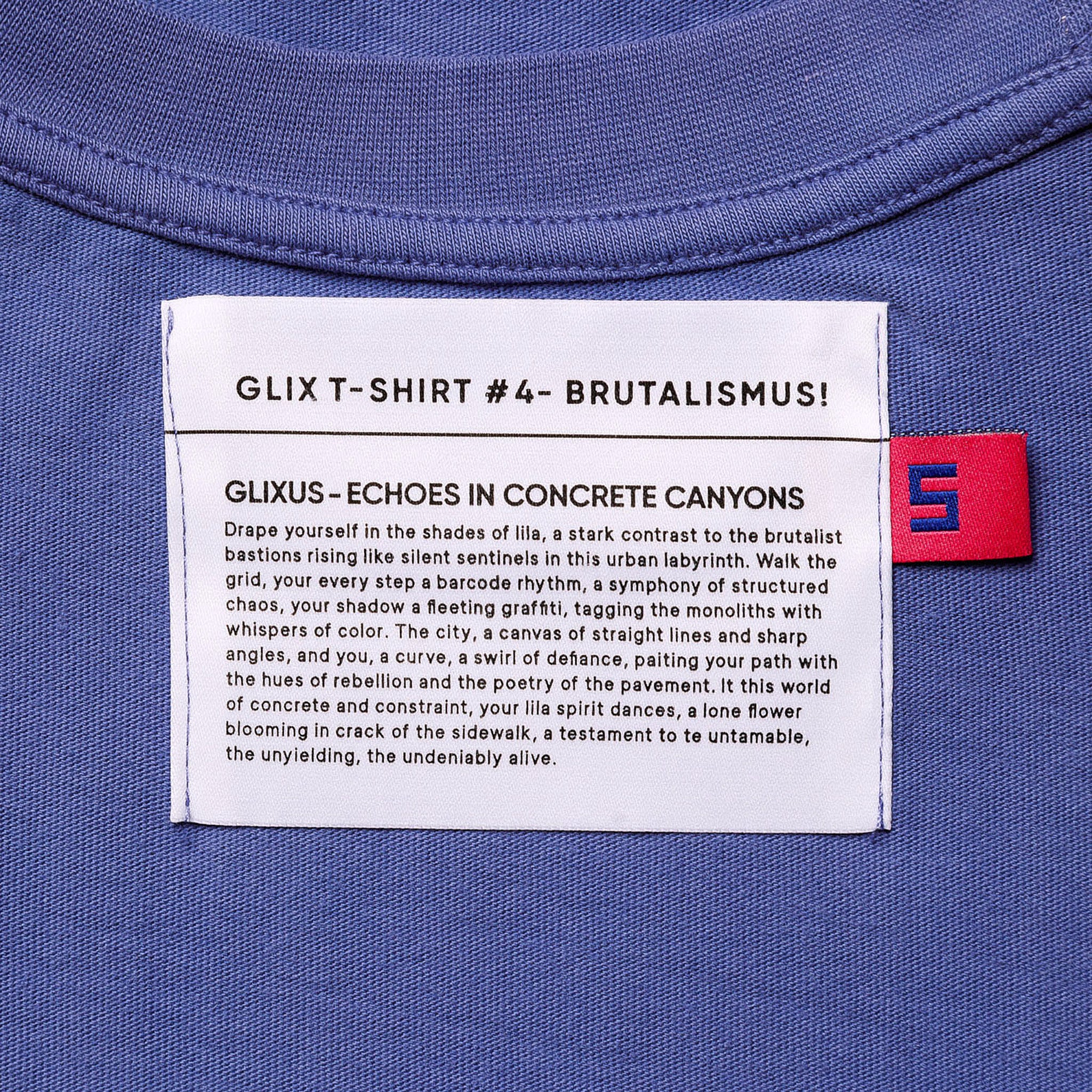 Interior neck label of a GLIX purple crop top baby tee for the "Brutalismus!" collection, featuring the "GLIXUS - ECHOES IN CONCRETE CANYONS" brand story text.
